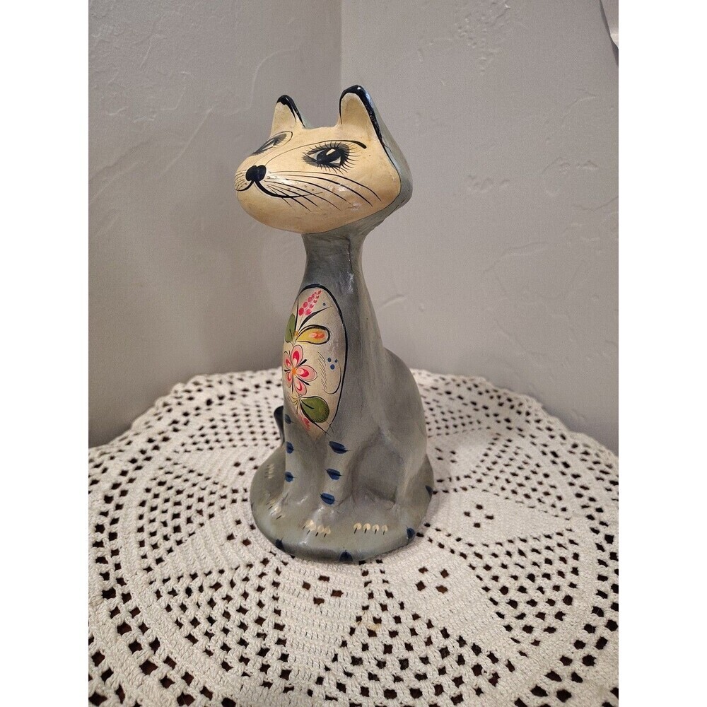 Handpainted Tall Cat Long Neck Folk Art Paper Mache Multicolor Home Decor 8" - Picture 7 of 13